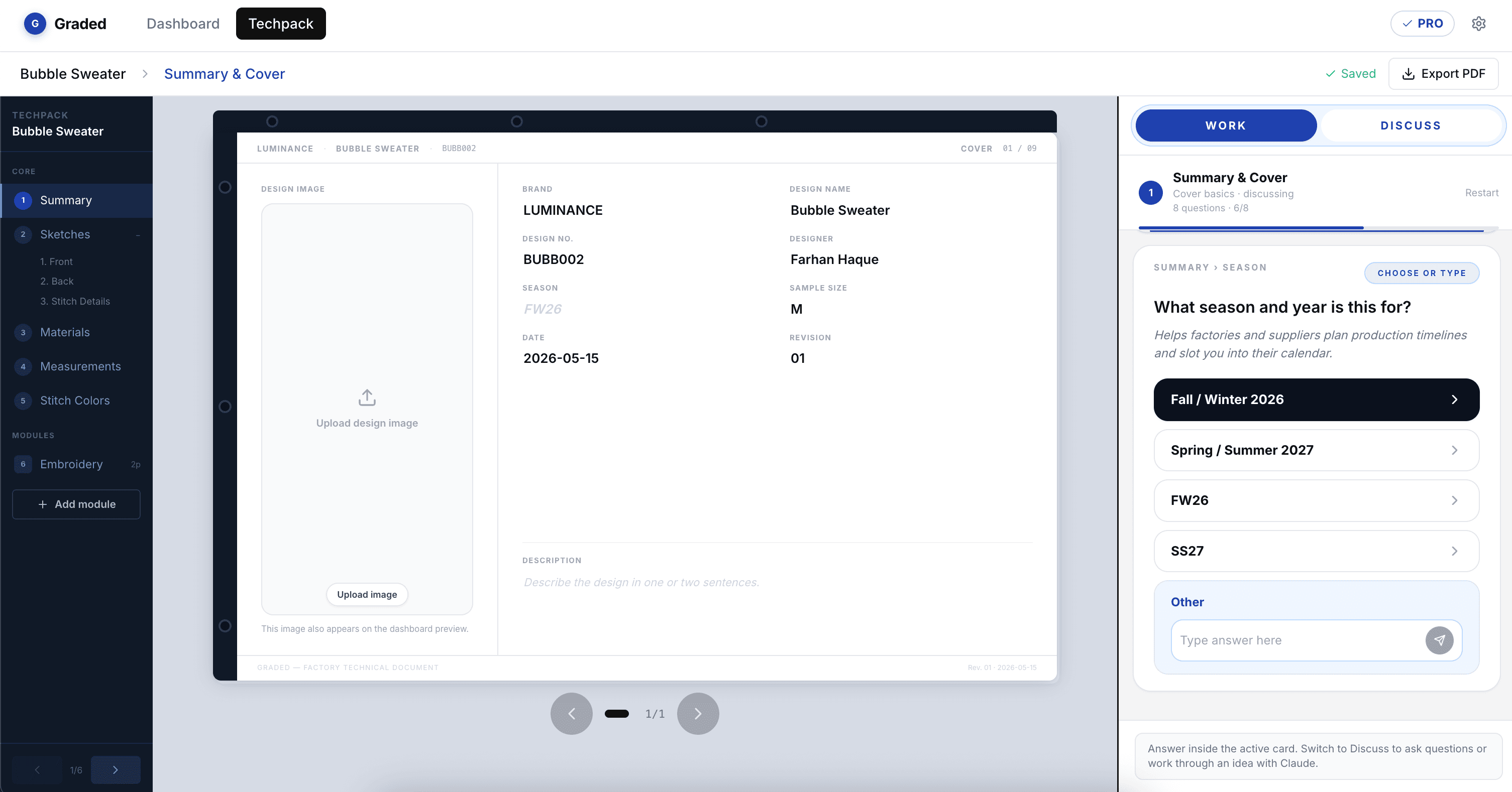 Workspace asking for season with guided answer choices.